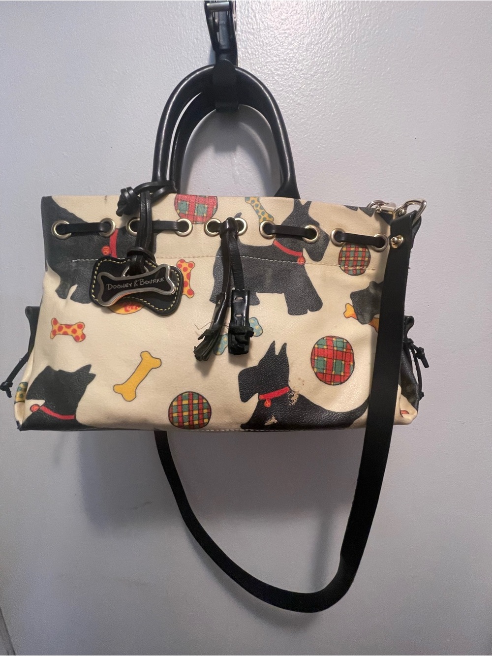 Dooney & Bourke Cream Scottie Dog Print Shoulder Tote with Black Trim